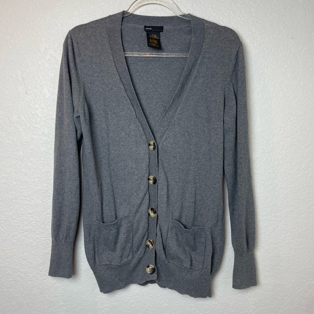 GRACE ELEMENTS Dark Charcoal Gray Button Up Cardigan 5% Cashmere Size L